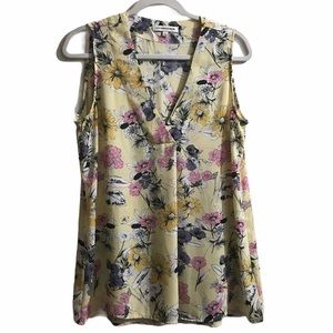 Floral Blouse Top Yellow Pink Cottagecore Lightweight Sleeveless Coastal Boho